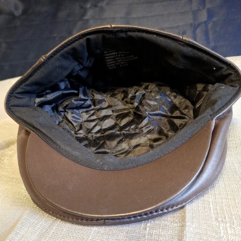Vintage Newsboy Brown Leather Hat Cap Fitted L XL Peaky Flat Cap Cab Driver Mens